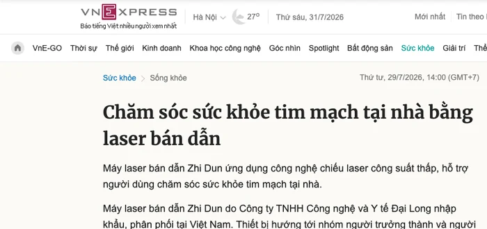 Bài báo trên Báo VnExpress về chăm sóc sức khoẻ tim mạch tại nhà bằng laser bán dẫn